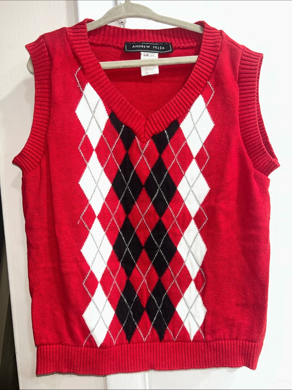 Andrew Fezza Red White and Black Argyle V-Neck Sweater Vest